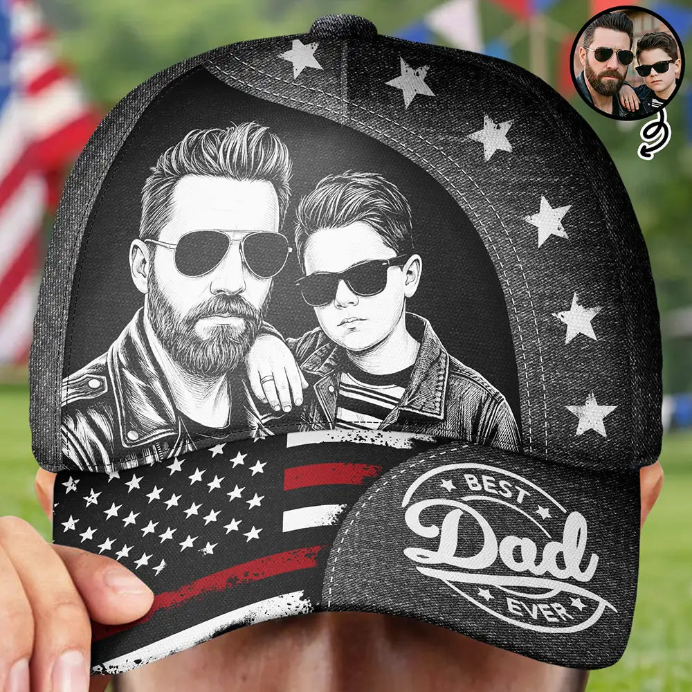 Gift For Father,Custom Photo,Independence Day,Art Design,Top Market,Confident,Photo - Pencil Sketch - Dark BG - Custom Photo White Pencil Sketch Art Best Dad Papa Ever - Personalized Classic Cap