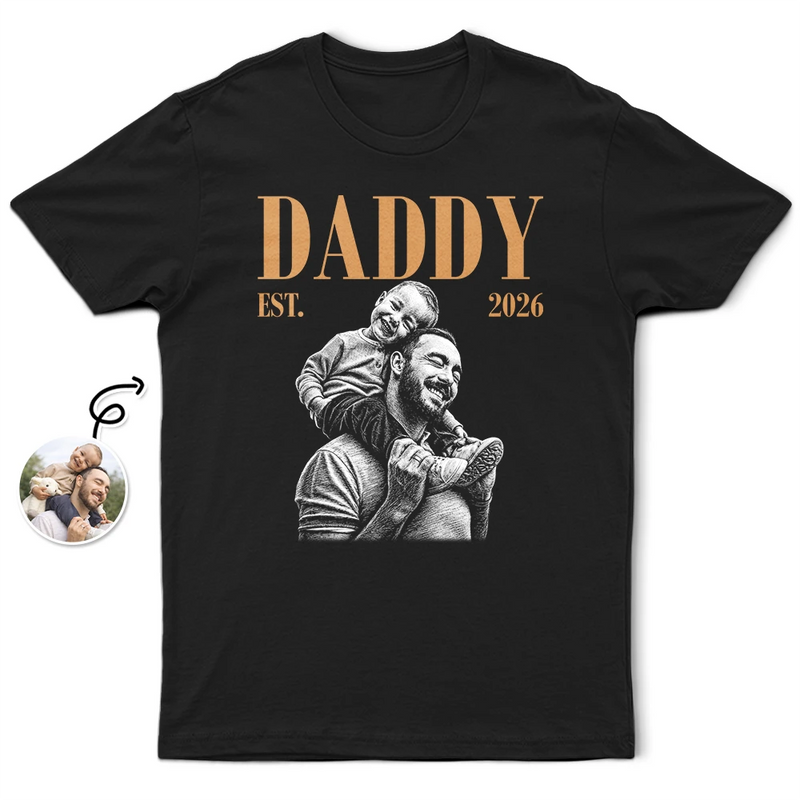 Gift For Father,Gift For Grandpa,Non-Eng,Photo - Pencil Sketch (Dark BG),Proud - Custom Photo White Pencil Sketch Art Daddy Grandpa Est Year - Personalized T Shirt