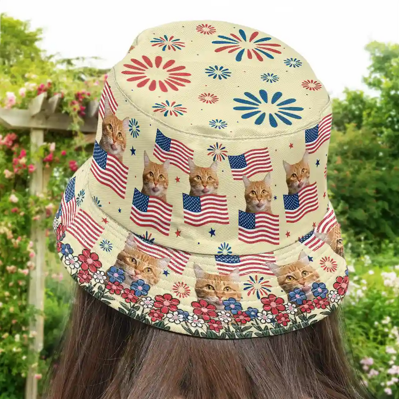 Gift For Yourself,Gift For Women,Gift For Men,Gift For Kids,Pet Lovers,Dog Lovers,Cat Lovers,Independence Day,Happy - Custom Photo With America Flags & Fireworks - Personalized Bucket Hat