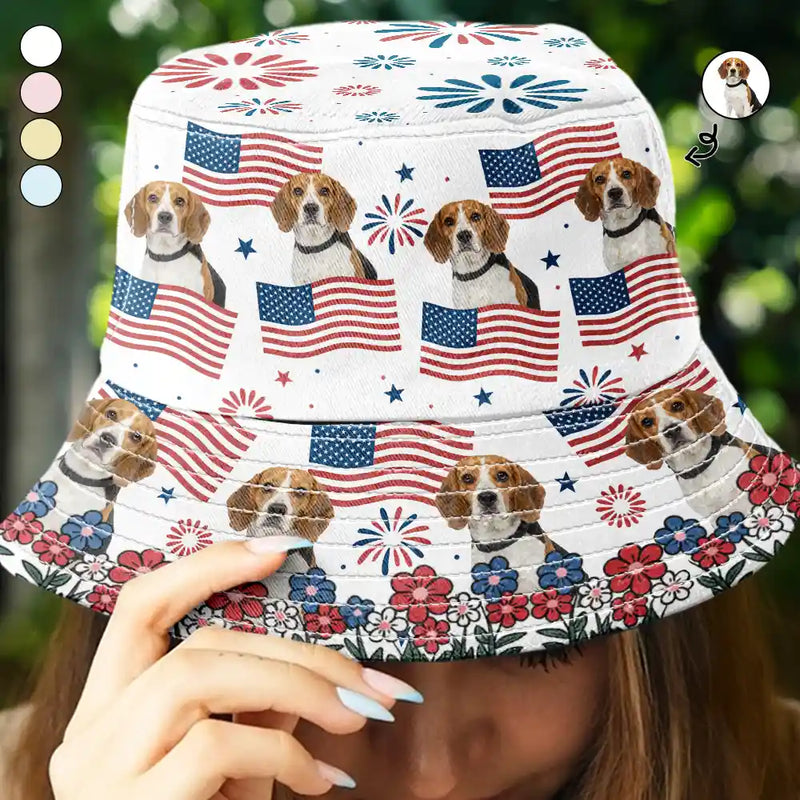 Gift For Yourself,Gift For Women,Gift For Men,Gift For Kids,Pet Lovers,Dog Lovers,Cat Lovers,Independence Day,Happy - Custom Photo With America Flags & Fireworks - Personalized Bucket Hat