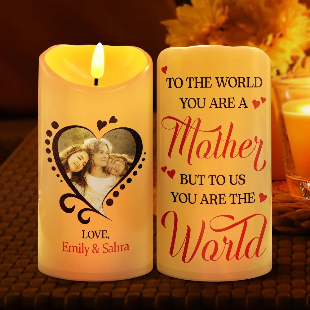 Gift For Women, Gift For Mother, Mom - Daughters (Adult), Christmas, Love, Custom Photo - Custom Photo You Are The World To Me - Personalized Flameless LED Candle