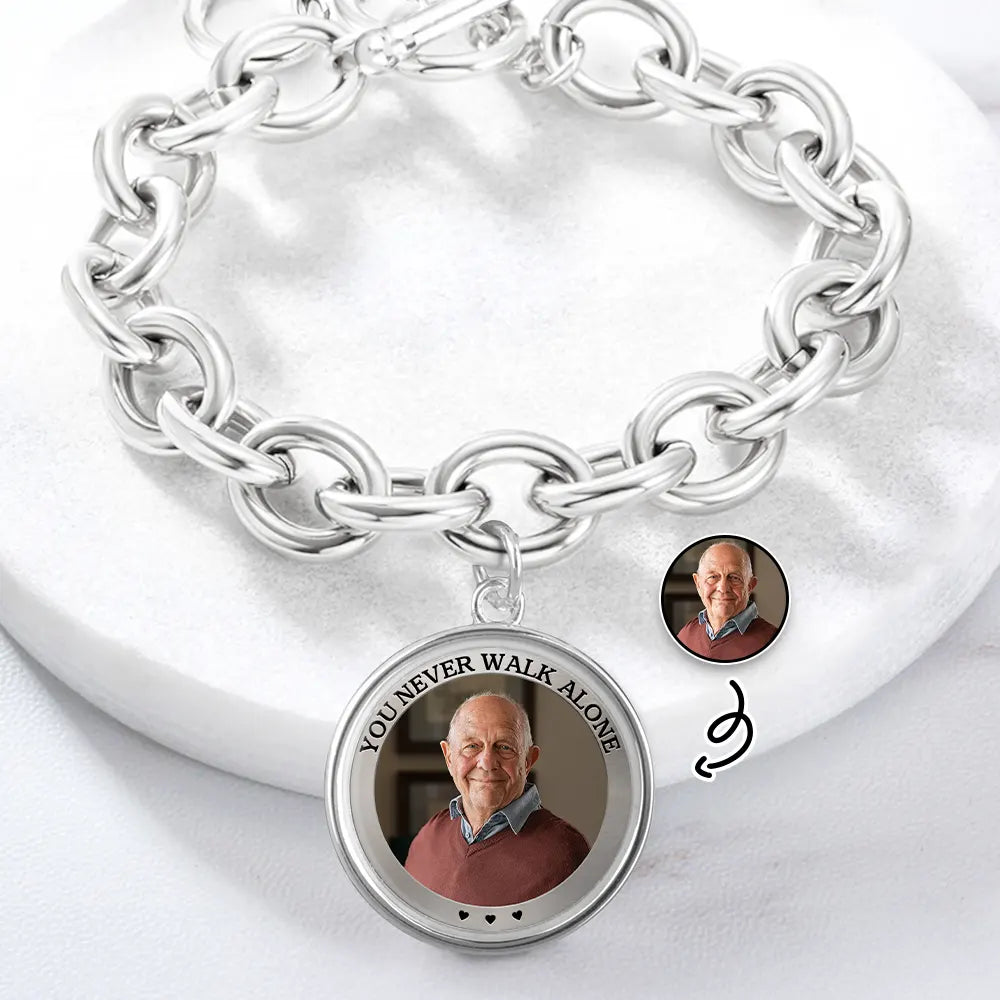 Memorial,Gift For Father,Gift For Yourself,Parents,Gift For Mother,Gift For Grandparents,Gift For Sibling - Custom Photo You Never Walk Alone Memorial - Personalized Charm Bracelet