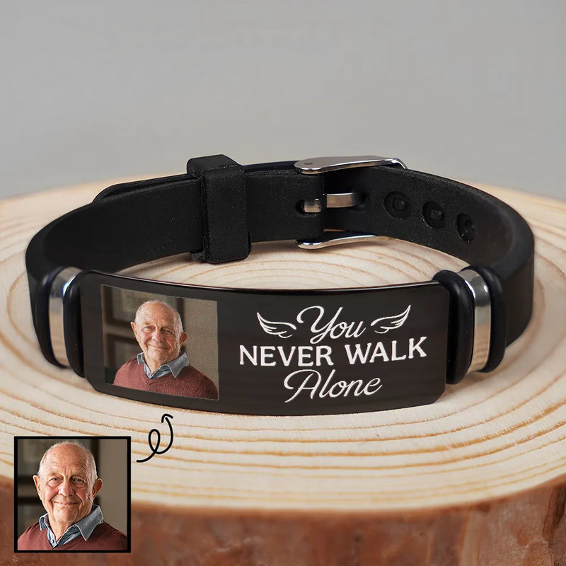 Memorial - Custom Photo You Never Walk Alone Memorial - Personalized Engraved Bracelet