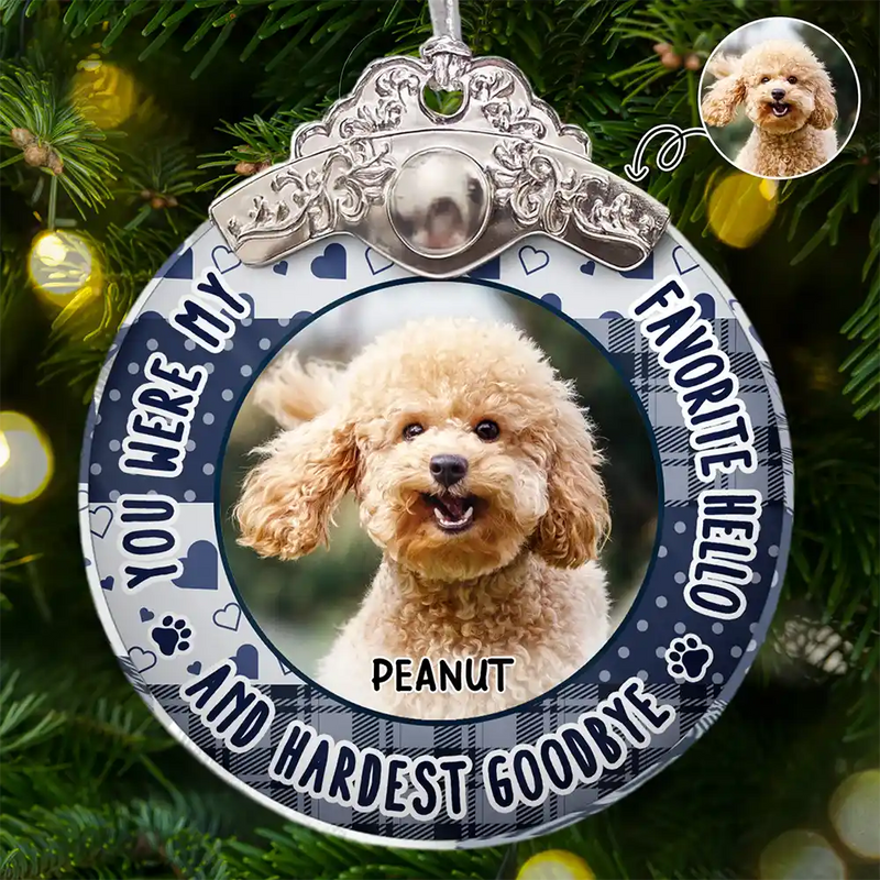 Sad, Christmas, Memorial, Dog Lovers -Custom Photo You Were Favorite Hello Memorial Pet - Personalized Glass Ornament With Silver Cap