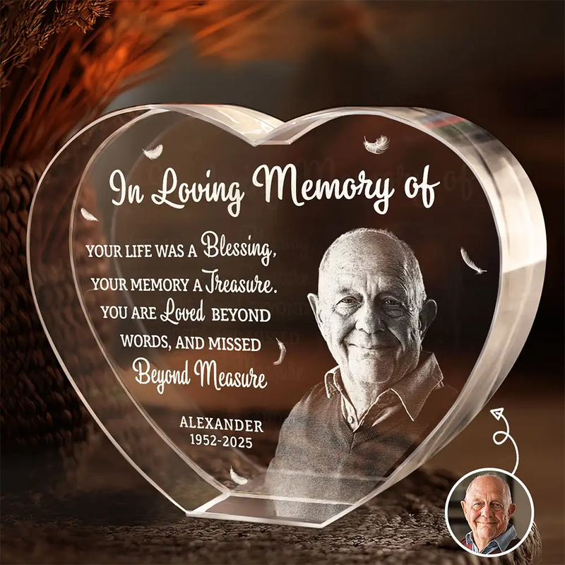 Memorial,Family,Parents,Gift For Grandparents,Custom Photo,Sad - Custom Photo Your Life Was A Blessing Memorial - Personalized Crystal Heart