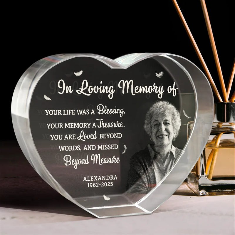 Memorial,Family,Parents,Gift For Grandparents,Custom Photo,Sad - Custom Photo Your Life Was A Blessing Memorial - Personalized Crystal Heart