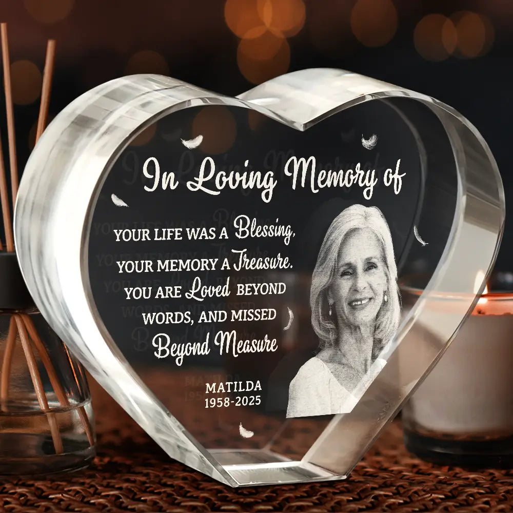 Memorial,Family,Parents,Gift For Grandparents,Custom Photo,Sad - Custom Photo Your Life Was A Blessing Memorial - Personalized Crystal Heart