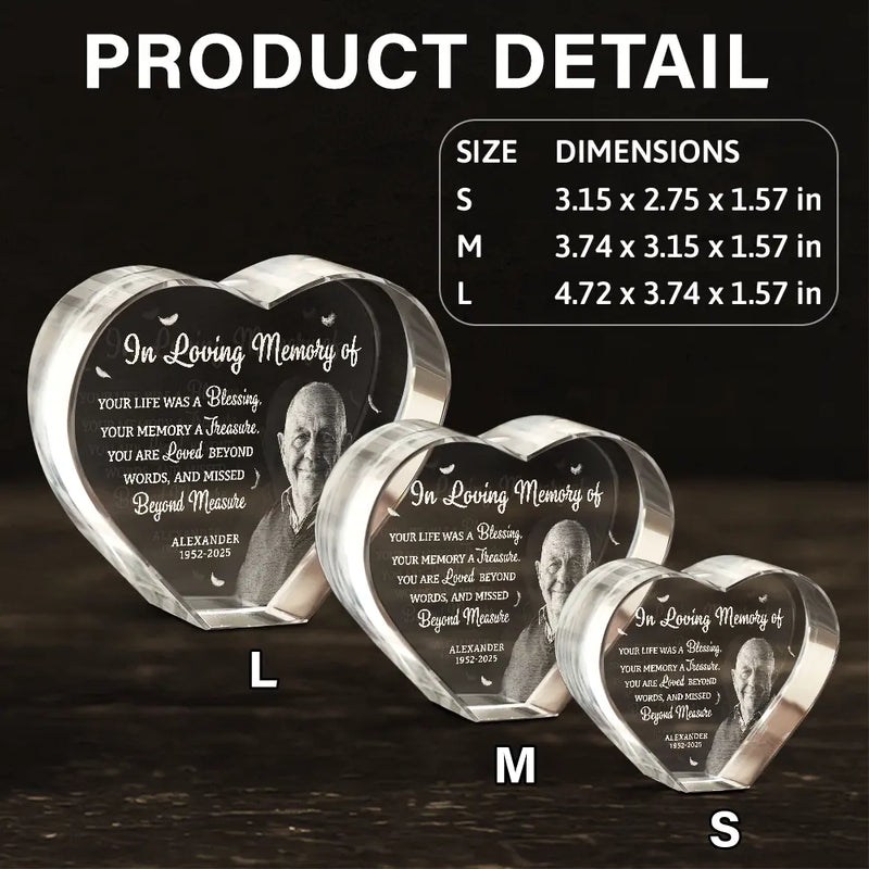 Memorial,Family,Parents,Gift For Grandparents,Custom Photo,Sad - Custom Photo Your Life Was A Blessing Memorial - Personalized Crystal Heart