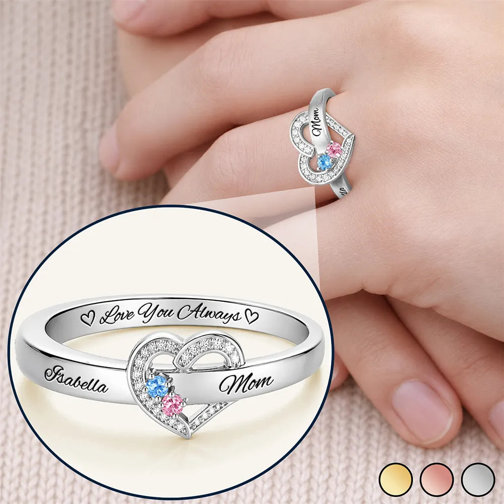 Custom Gemstones Love You Always Mom And Daughters - Personalized Birthstone Heart Ring