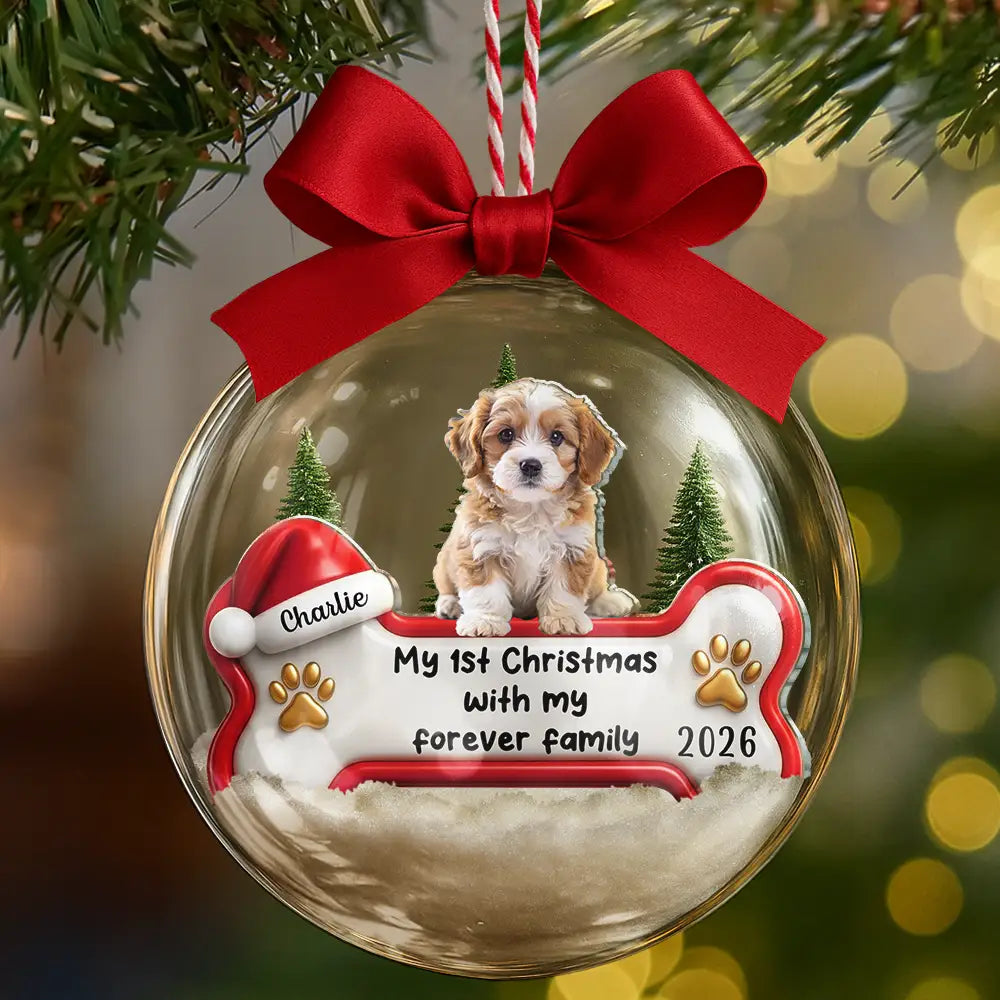 Custom Photo 1st Christmas With Forever Family - Personalized 3D Acrylic Ball Ornament