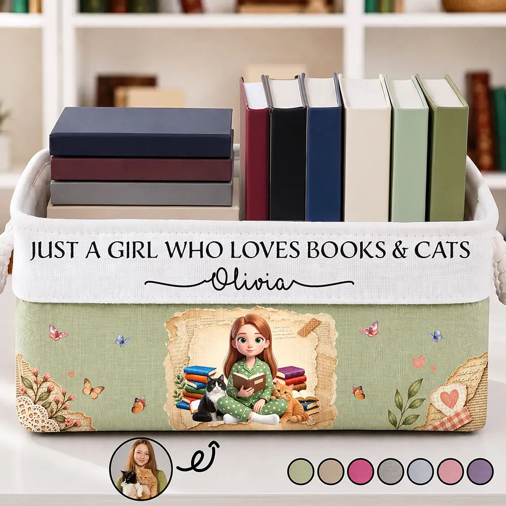Custom Photo 3D Book Lover Just A Girl Who Loves Books And Cats - Personalized Storage Basket