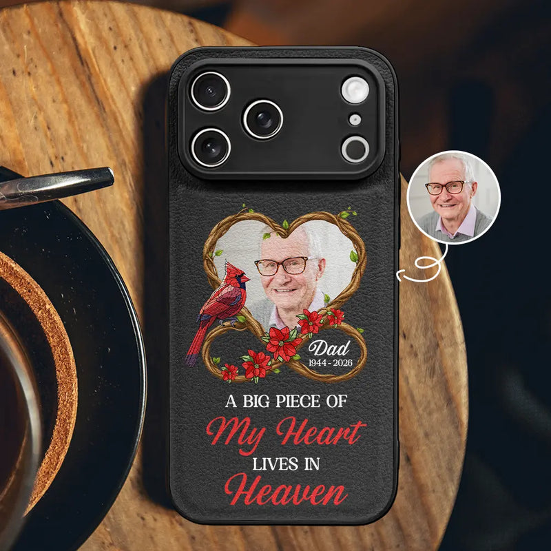 Memorial,Gift For Yourself,Gift For Men,Gift For Women,Sad,Non-Eng,Photo,Vector - Custom Photo A Big Piece Of My Heart Lives In Heaven - Personalized Leather Phone Case