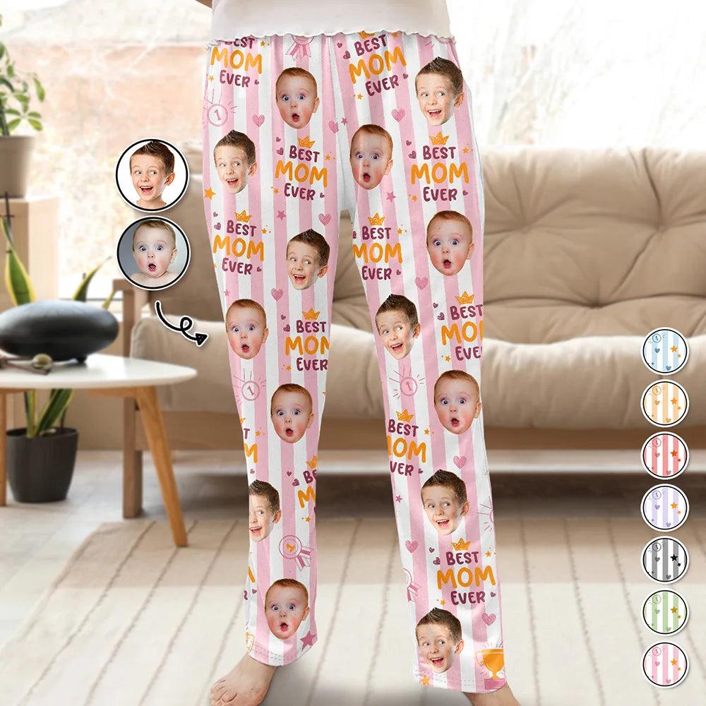Custom Photo Best Mom Ever Colorful Stripes Pattern - Personalized Pajama Pants