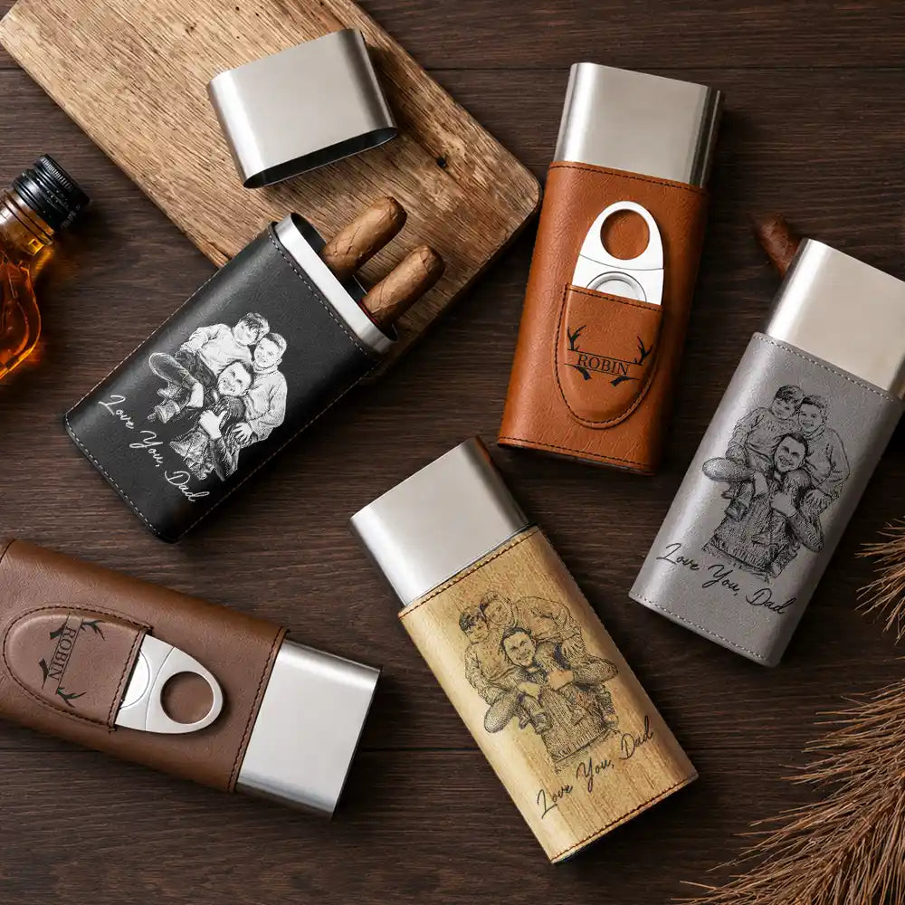 Art Design,Sentimental,Gift For Yourself,Gift For Women,Photo - Pencil Sketch - Bold - Custom Photo Bold Sketch Best Dad Ever Family Portrait - Personalized Cigar Case
