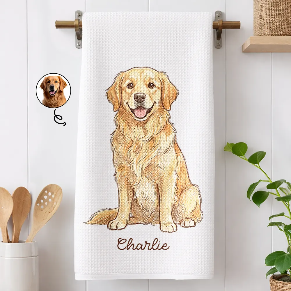 Photo - Colored Pencil ,Non-Eng,Happy,Dog Lovers,Pet Lovers,Cat Lovers - Custom Photo Colored Pencil Sketch Funny Dog Cat Pet - Personalized Kitchen Towel