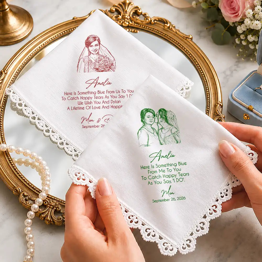 Custom Photo Pencil Sketch Blue Wedding For Bride, Daughter - Personalized Handkerchief