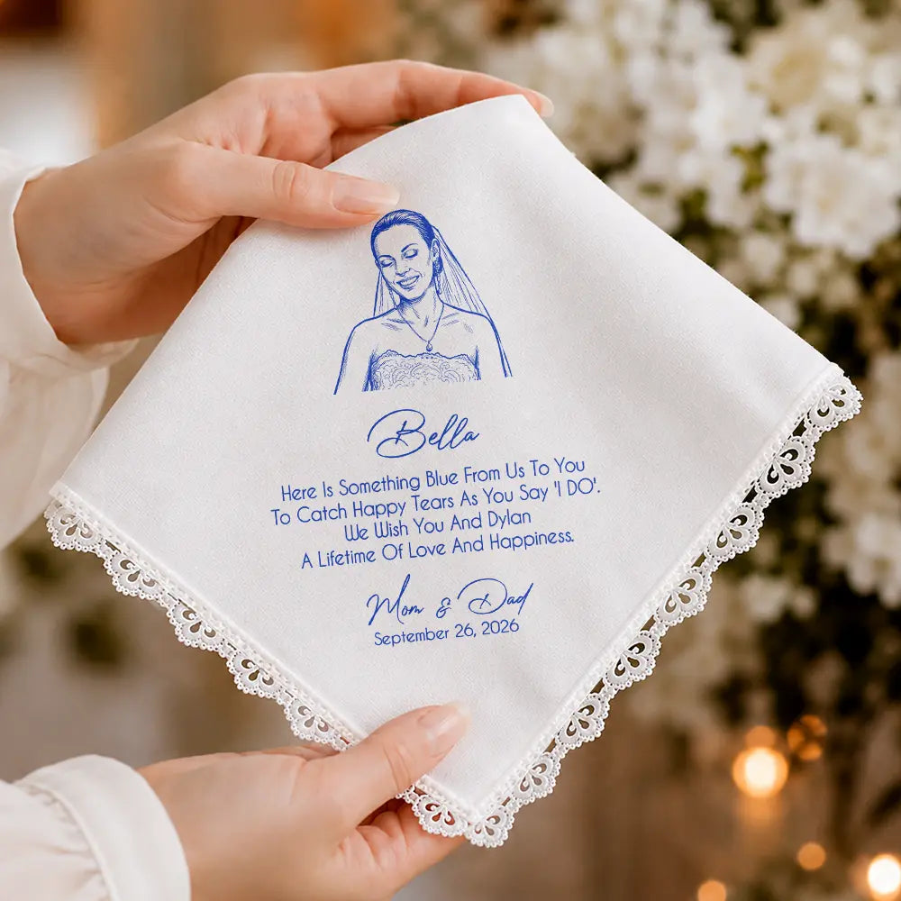 Custom Photo Pencil Sketch Blue Wedding For Bride, Daughter - Personalized Handkerchief