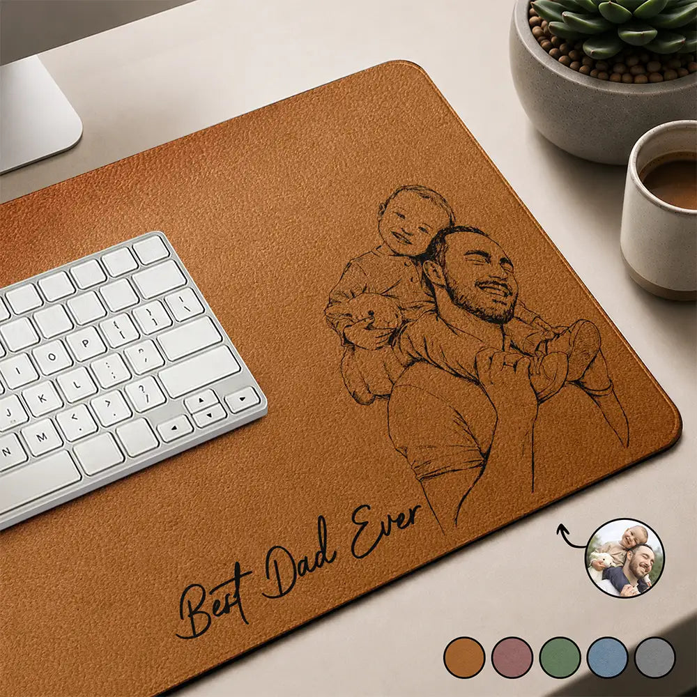Custom Photo Pencil Sketch Family Portrait Best Grandpa Dad Ever - Personalized Leather Desk Mat