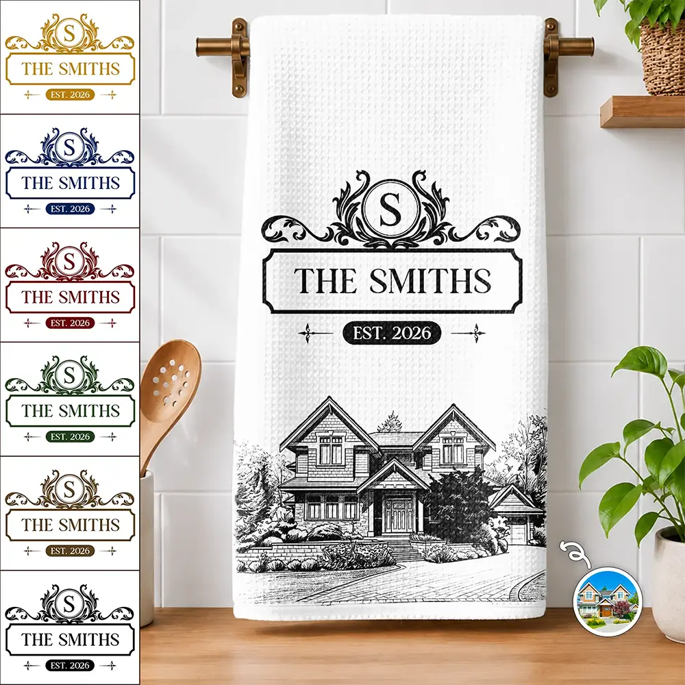Custom Photo Pencil Sketch Happy Family Monogram Married Couple New Home - Personalized Kitchen Towel