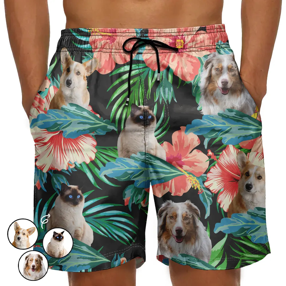 Photo personnalisée de personnes et de visages d'animaux de compagnie, couple chien chat - Short de plage unisexe personnalisé