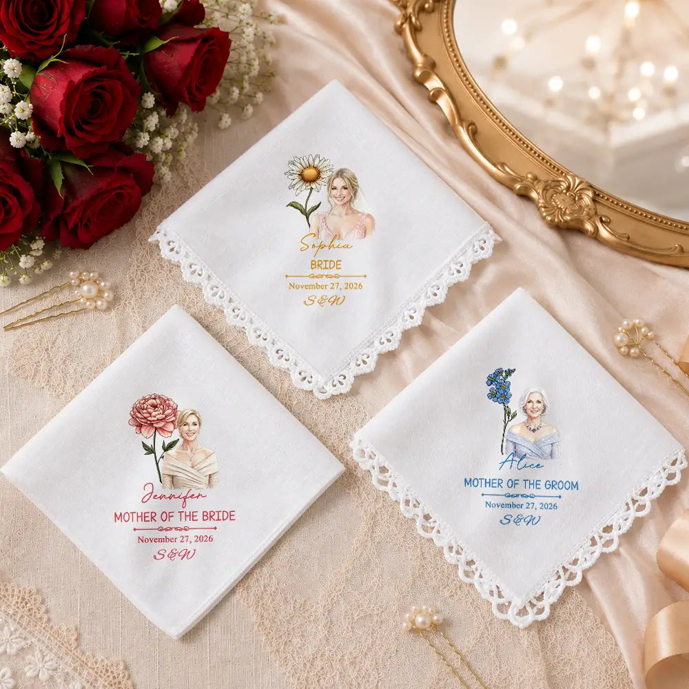 Art Design,Sentimental,Gift For Yourself,Gift For Women,Wedding,Photo - Watercolor - Remove BG - Custom Photo Realistic Watercolor Art Mother Of The Bride Groom & Birth Flower - Personalized Handkerchief