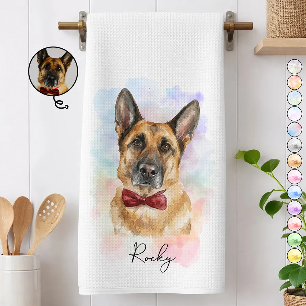 Happy,Dog Lovers,Pet Lovers,Cat Lovers,Non-Eng,Photo - Watercolor (remove BG) - Custom Photo Realistic Watercolor Art Portrait Cat Dog Pet - Personalized Kitchen Towel