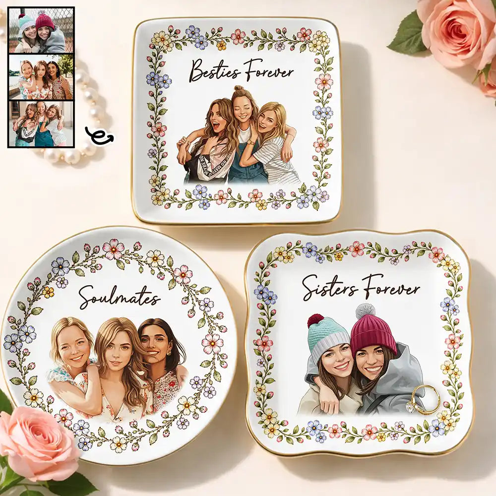 Art Design,Gift For Bestie,Photo - Semi Realistic Portrait,Happy - Custom Photo Semi Realistic Portrait Besties Forever - Personalized Ring Dish
