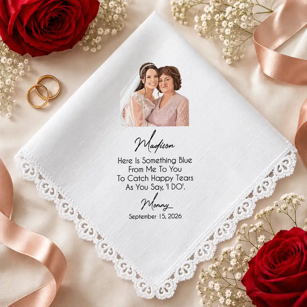 Art Design,Sentimental,Gift For Children,Gift For Daughter,Wedding,Photo - Semi Realistic Portrait,Custom Text - Custom Photo Semi Realistic Portrait Blue Wedding Bride Daughter - Personalized Handkerchief