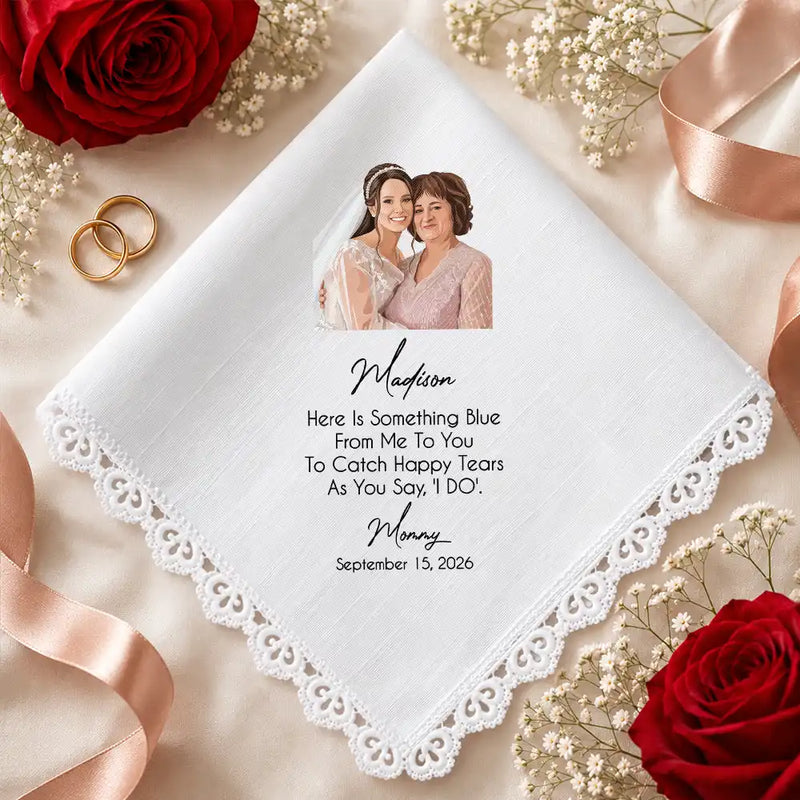 Art Design,Sentimental,Gift For Children,Gift For Daughter,Wedding,Photo - Semi Realistic Portrait,Custom Text - Custom Photo Semi Realistic Portrait Blue Wedding Bride Daughter - Personalized Handkerchief