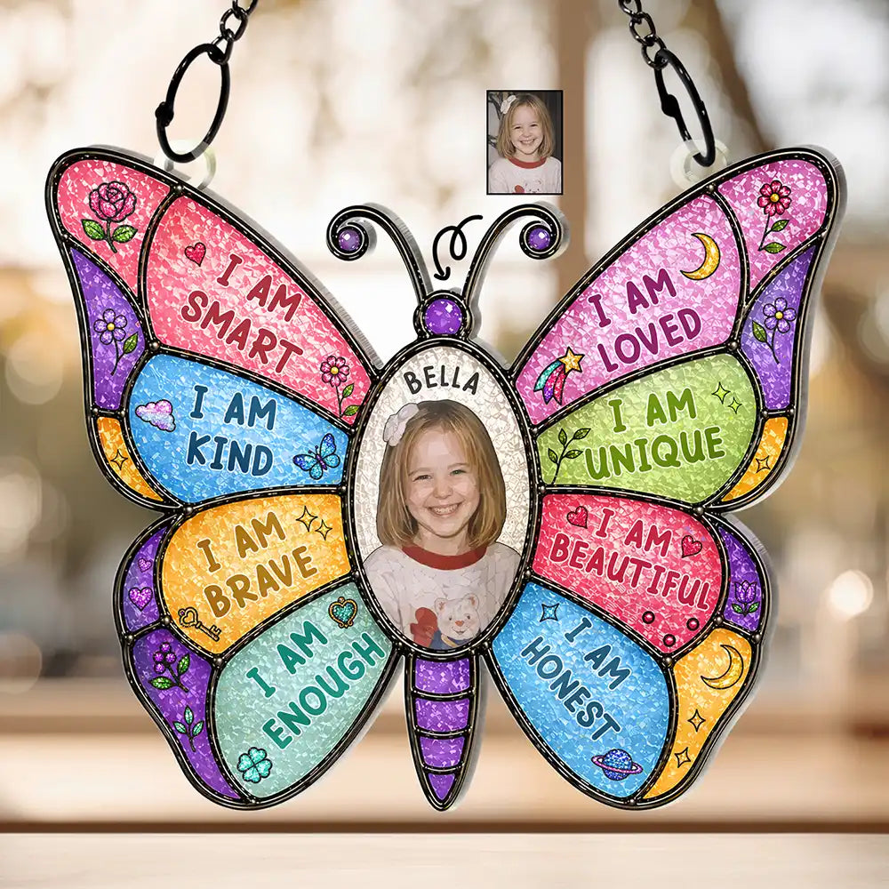 Gift For Kids,Gift For Daughter,Gift For Son,Happy,Photo - Stained Glass - Custom Photo Stained Glass I Am Smart Kind Brave Butterfly - Personalized Window Hanging Suncatcher Ornament