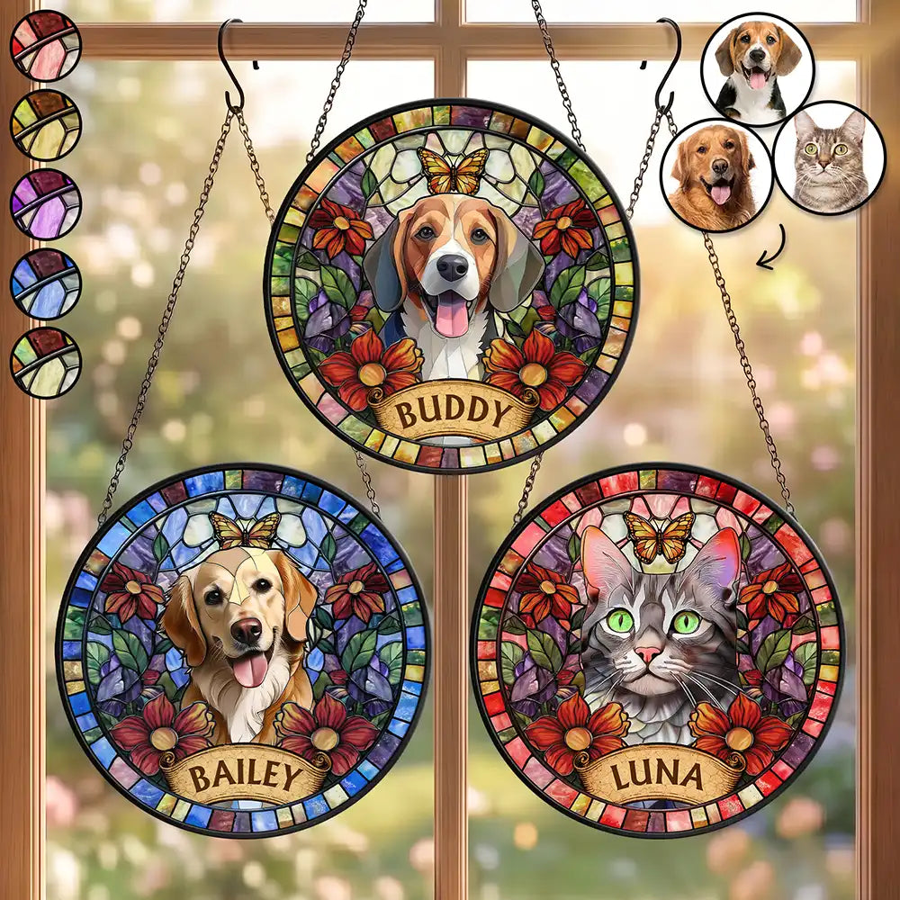 Custom Photo Stained Glass Portrait Dog Cat Family - Personalized Stained Glass Window Hanging Suncatcher