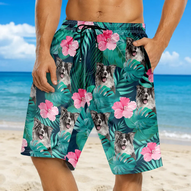 Custom Photo Tropical Leaves Funny Family Pet Face - Personalized Unisex Beach Shorts