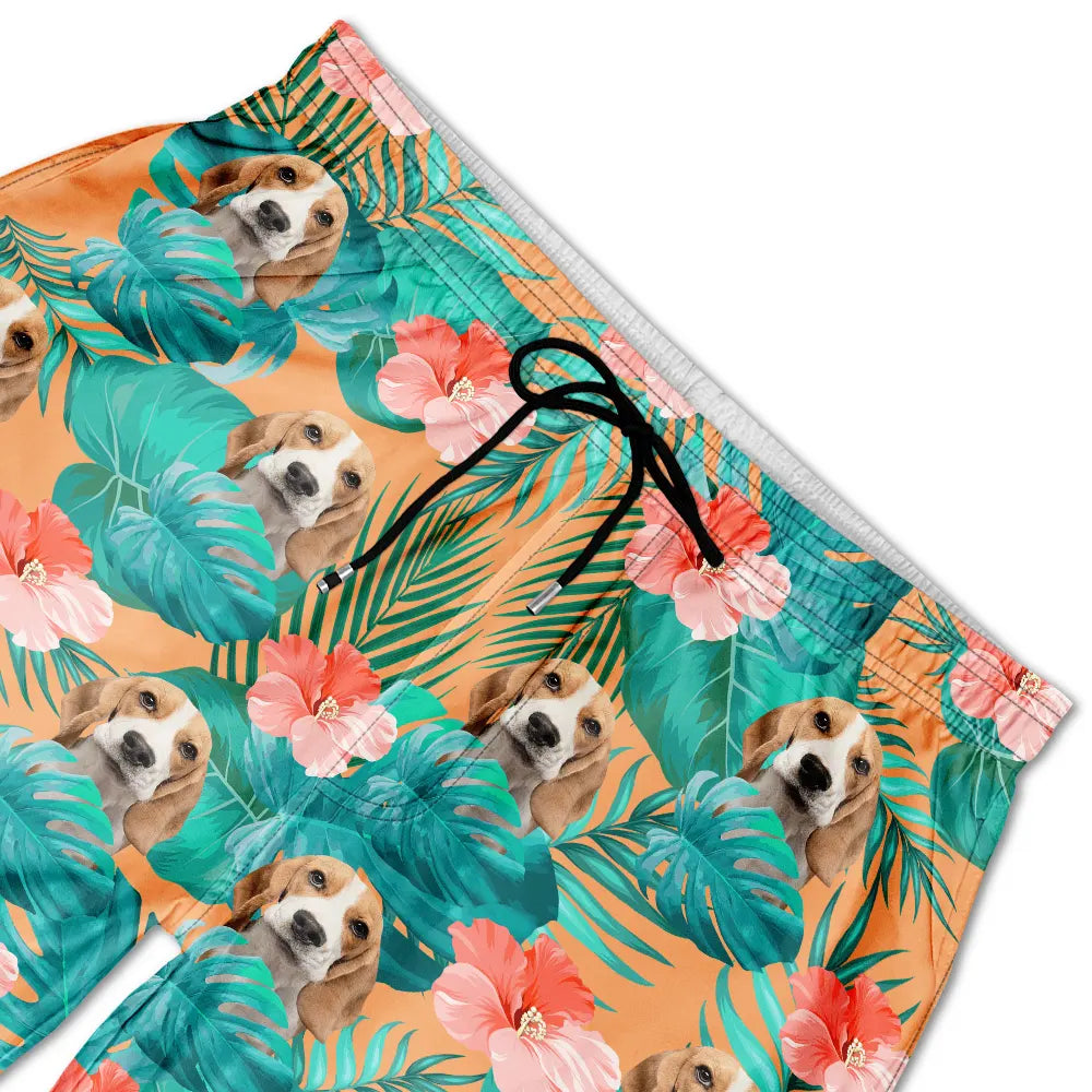 Custom Photo Tropical Leaves Funny Family Pet Face - Personalized Unisex Beach Shorts