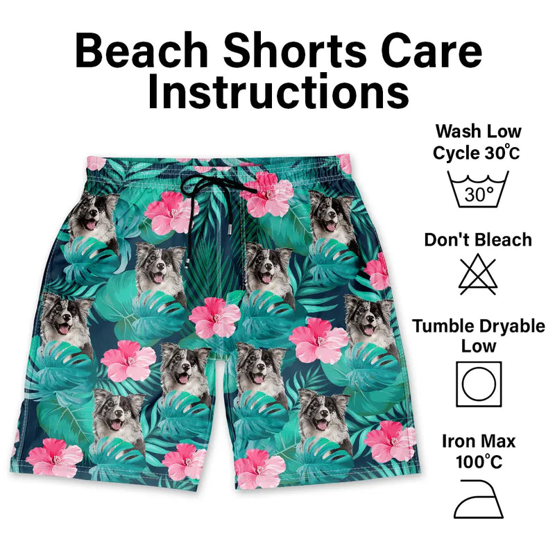 Custom Photo Tropical Leaves Funny Family Pet Face - Personalized Unisex Beach Shorts