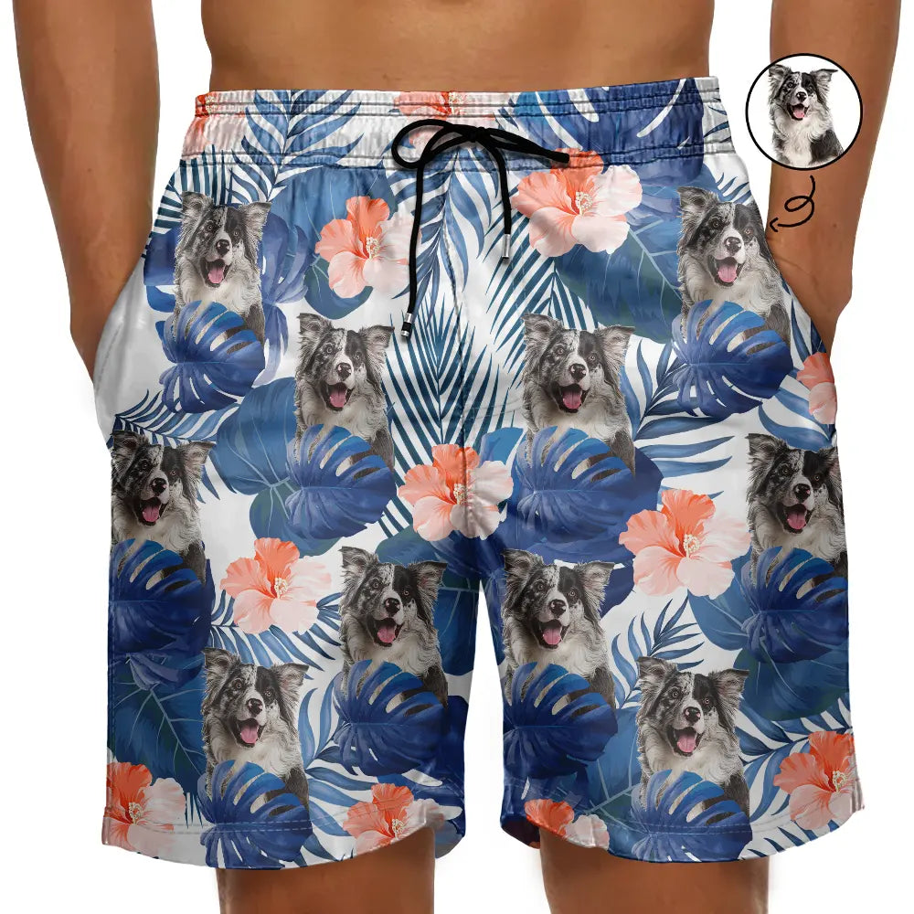 Custom Photo Tropical Leaves Funny Family Pet Face - Personalized Unisex Beach Shorts