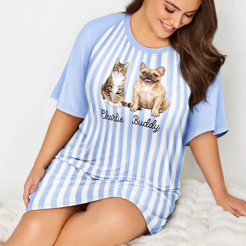 Pet Mom,Art Design,Playful,Gift For Mother,Pet Lovers,Photo - Vivid Watercolor Art - Custom Photo Vivid Watercolor Art Happy Dog Cat Pet Stripe - Personalized Women's Sleep Tee