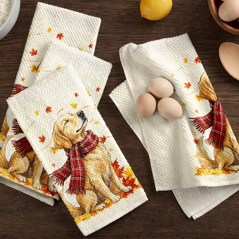 Top Market,Pet Couple,Art Design,Cozy,Pet Lovers,Gift For Couples,Photo - Pet With Fall Leaves - Custom Photo Watercolor Fall Leaves Dog Pet Lovers Portrait - Personalized Kitchen Towel