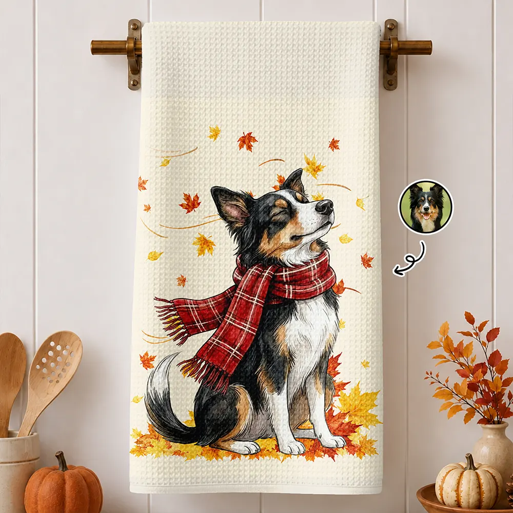 Custom Photo Watercolor Fall Leaves Dog Pet Lovers Portrait - Personalized Kitchen Towel
