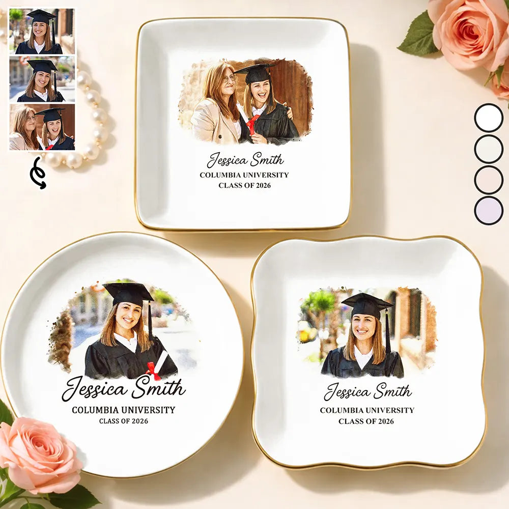 Graduation,Happy,Photo - Watercolor (with BG) - Custom Photo Watercolor Painting Congrats Graduation - Personalized Ring Dish