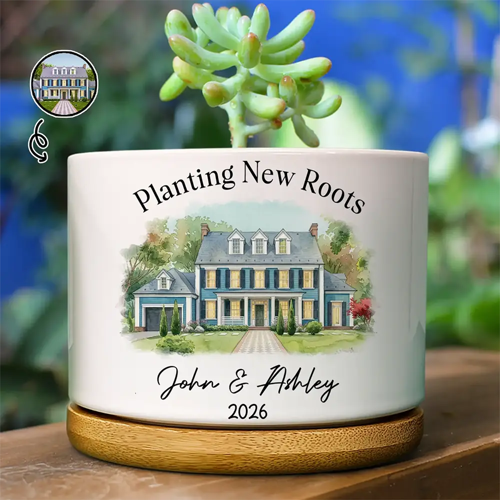 Custom Photo Watercolor Painting Planting New Roots New Home Just Married - Personalized Plant Pot