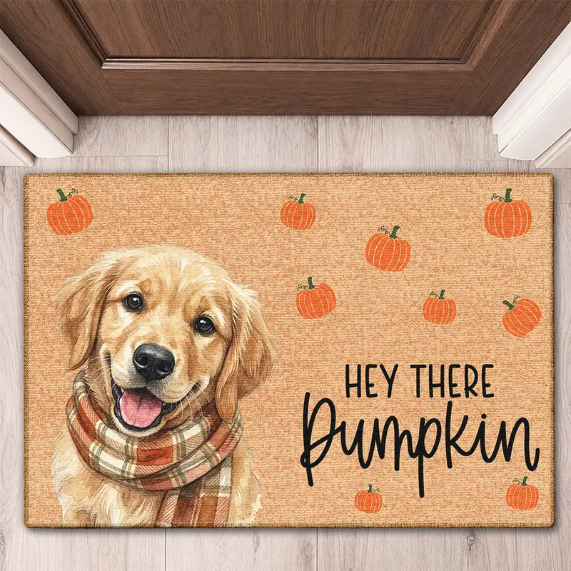 Custom Photo Watercolor Pet With Autumn Accessories Hey There Pumpkin - Personalized Doormat