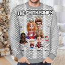 Gift For Couples, Parents, Family, Christmas, Happy - Cute Couple With Kids And Dogs Crochet Stripe Effect - Personalized Unisex Ugly Sweater