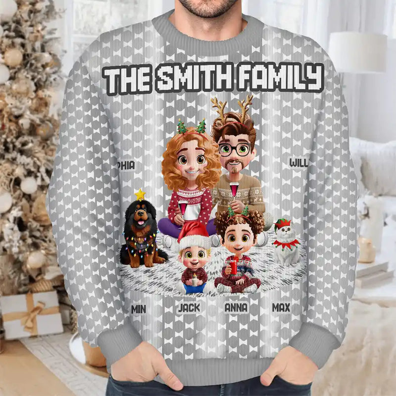 Gift For Couples, Parents, Family, Christmas, Happy - Cute Couple With Kids And Dogs Crochet Stripe Effect - Personalized Unisex Ugly Sweater
