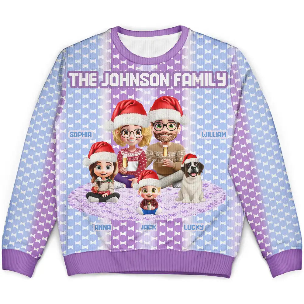 Cute Couple With Kids And Dogs Crochet Stripe Effect - Personalized Unisex Ugly Sweater