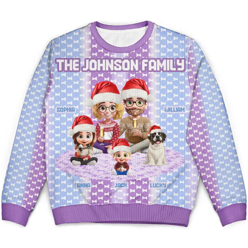 Gift For Couples, Parents, Family, Christmas, Happy - Cute Couple With Kids And Dogs Crochet Stripe Effect - Personalized Unisex Ugly Sweater