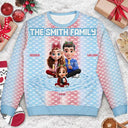 Gift For Couples, Parents, Family, Christmas, Happy - Cute Couple With Kids And Dogs Crochet Stripe Effect - Personalized Unisex Ugly Sweater