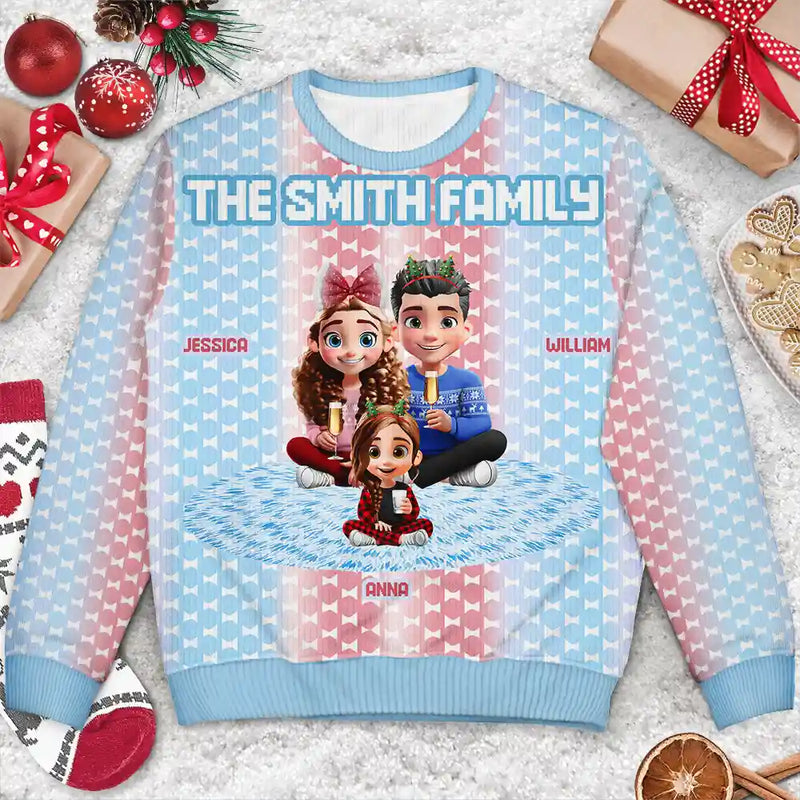 Gift For Couples, Parents, Family, Christmas, Happy - Cute Couple With Kids And Dogs Crochet Stripe Effect - Personalized Unisex Ugly Sweater