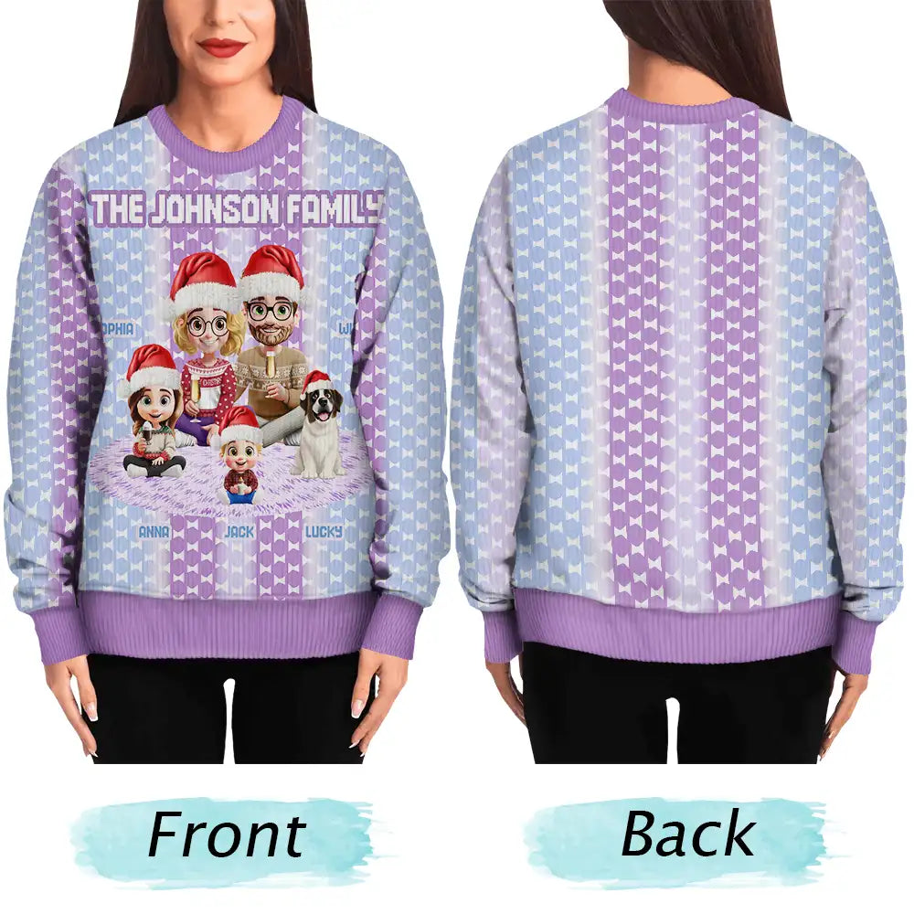 Gift For Couples, Parents, Family, Christmas, Happy - Cute Couple With Kids And Dogs Crochet Stripe Effect - Personalized Unisex Ugly Sweater