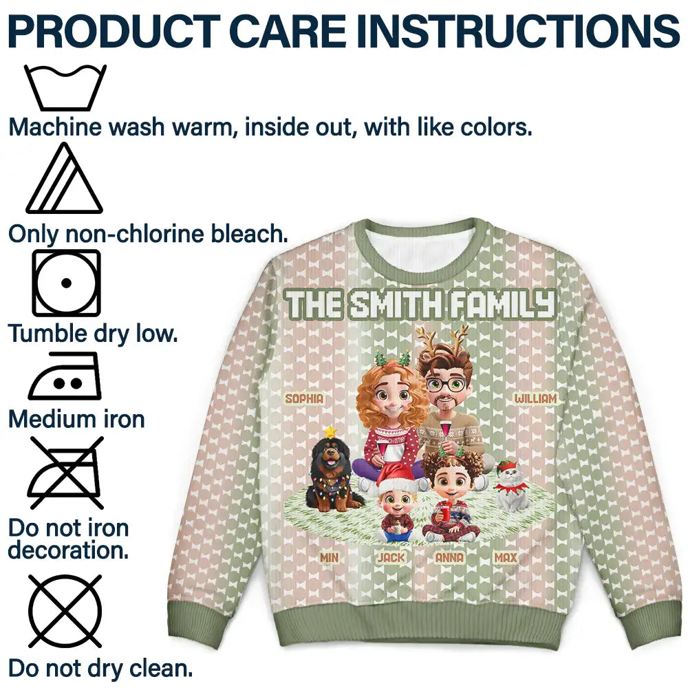 Gift For Couples, Parents, Family, Christmas, Happy - Cute Couple With Kids And Dogs Crochet Stripe Effect - Personalized Unisex Ugly Sweater