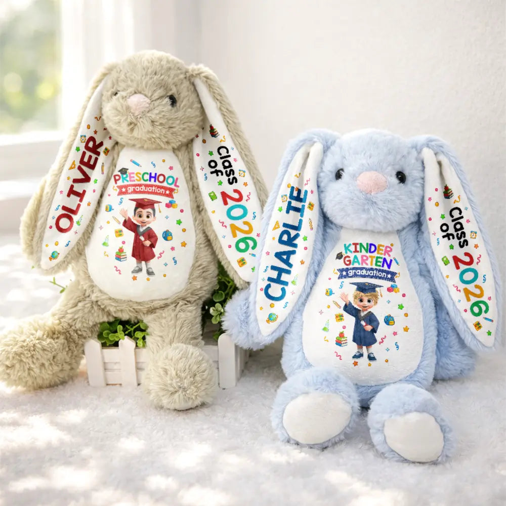 Graduation,Gift For Grandkids,Gift For Kids,Happy,Vector - Cute Graduation Kid Kindergarten Preschool - Personalized Soft Toy Bunny